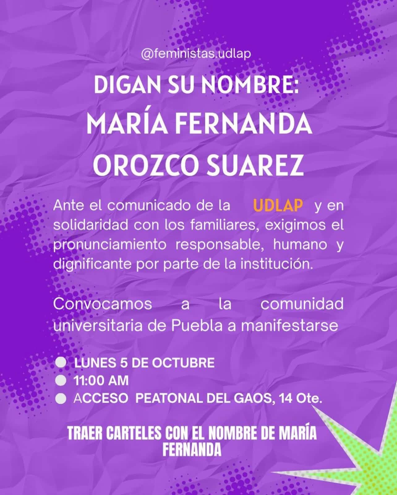 Feministas UDLAP convocan a protesta por María Fernanda Orozco por su feminicidio en San Andrés Cholula