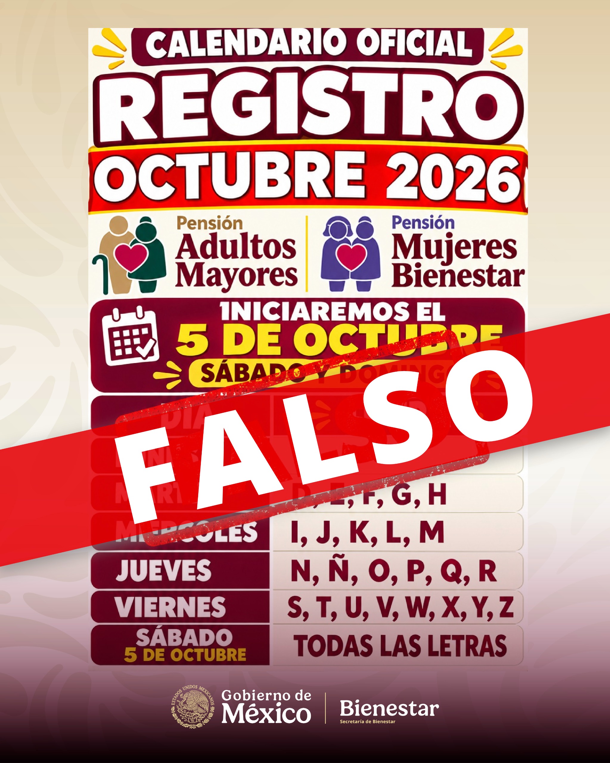 ¡Que no te engañen! Secretaría de Bienestar desmiente calendario falso de registro para pensiones