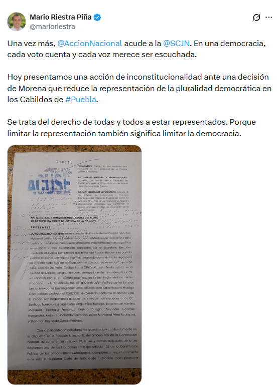 PAN recurre a la SCJN contra tijeretazo a regidurías plurinominales en Puebla