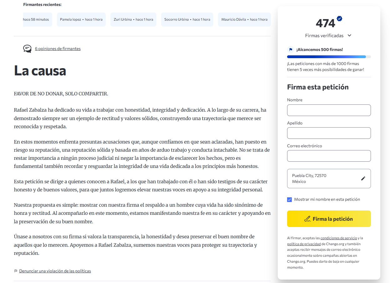 Defienden reputación de Rafael Zabalza en Change.org mientras enfrenta prisión preventiva por tiroteos