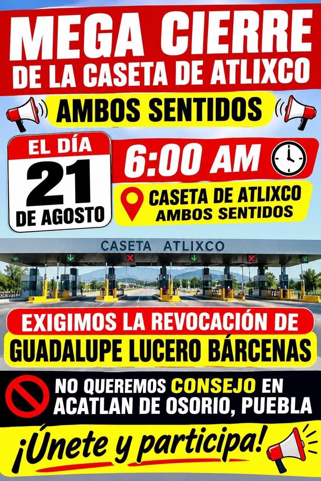 Amagan "megacierre" en la caseta de Atlixco este viernes para presionar por la salida de Guadalupe Bárcenas de Acatlán