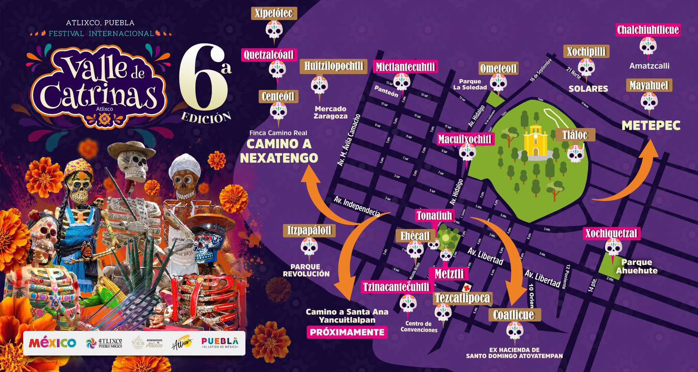 Valle de Catrinas 2026 en Atlixco: mapa, ubicaciones y significado de las 19 figuras