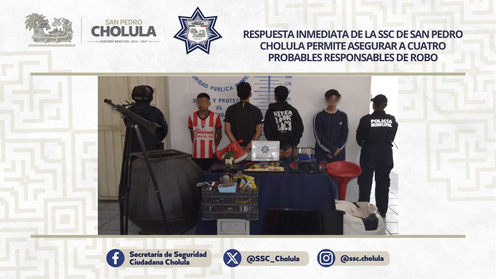 Detiene la SSC de San Pedro Cholula a cuatro sujetos por robo a casa habitación en Momoxpan