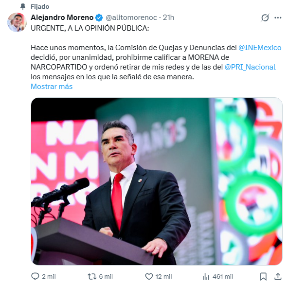 Revés a Alito Moreno; INE prohíbe usar el término "narcopartido" sobre Morena