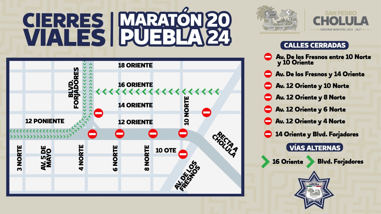 Habrá cierres viales en San Pedro Cholula por Maratón Puebla 2024
