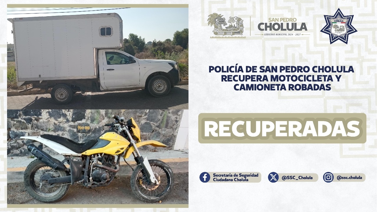 Recupera Policía de San Pedro Cholula motocicleta y camioneta robadas