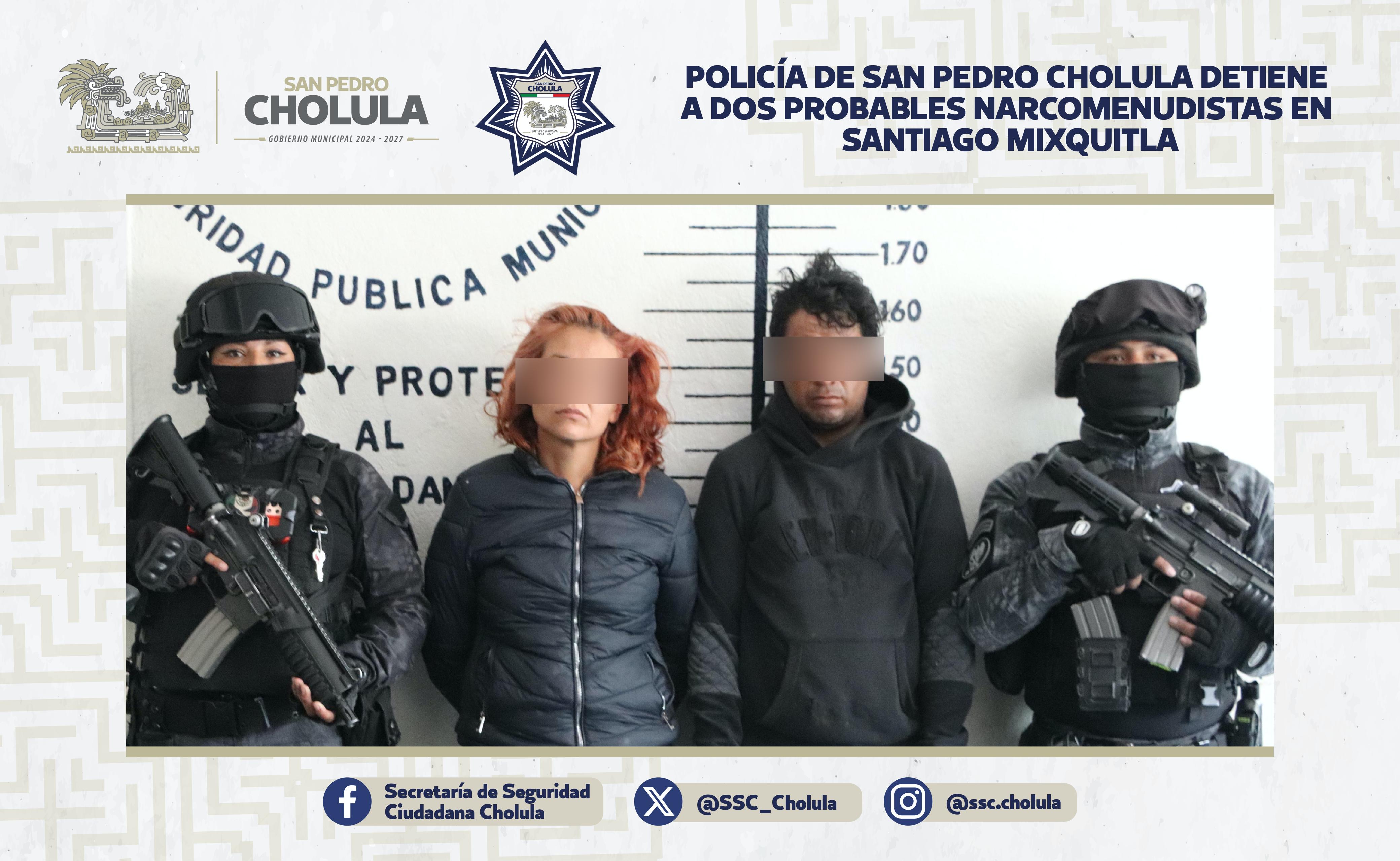 Policía de San Pedro Cholula detiene a dos presuntos narcomenudistas