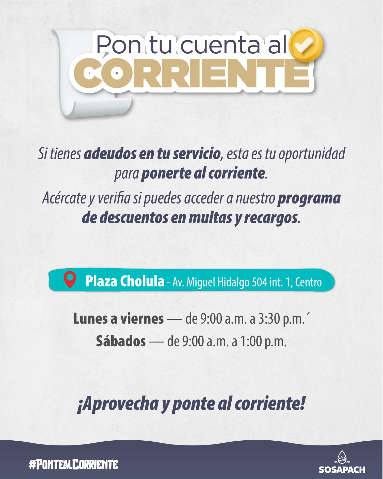 SOSAPACH invita a regularizar tu cuenta de agua en Cholula
