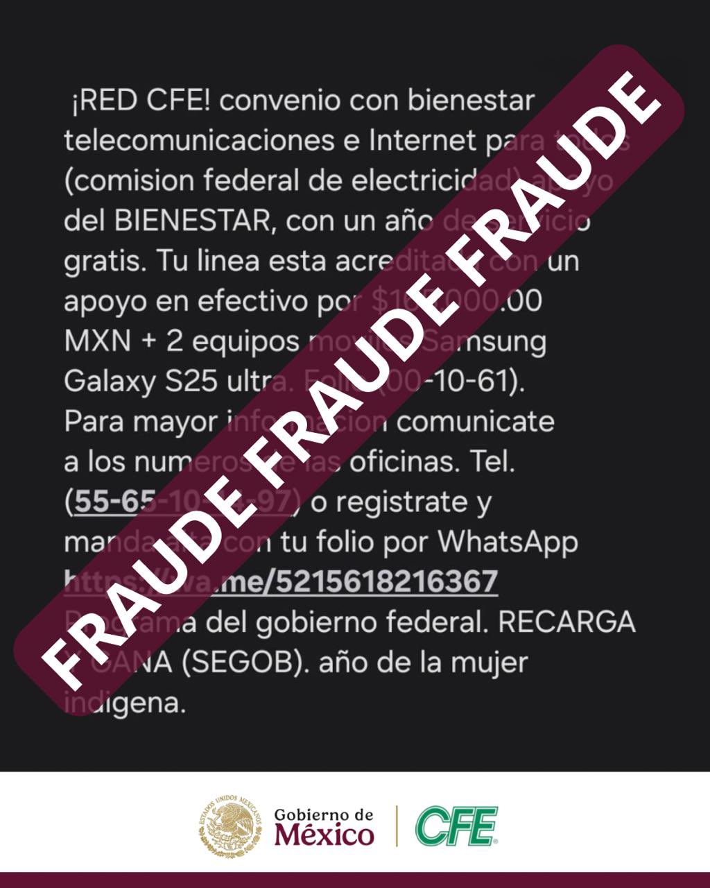 CFE alerta sobre mensaje falso que promete dinero y celulares gratis