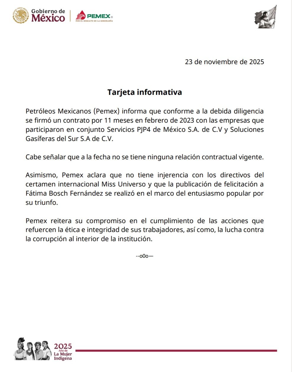 Pemex niega influencia en Miss Universo y atribuye su felicitación a “entusiasmo del momento”