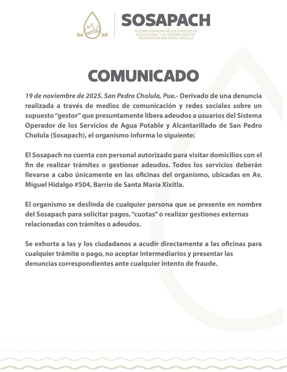 Sosapach alerta por presunto gestor que ofrece liberar adeudos