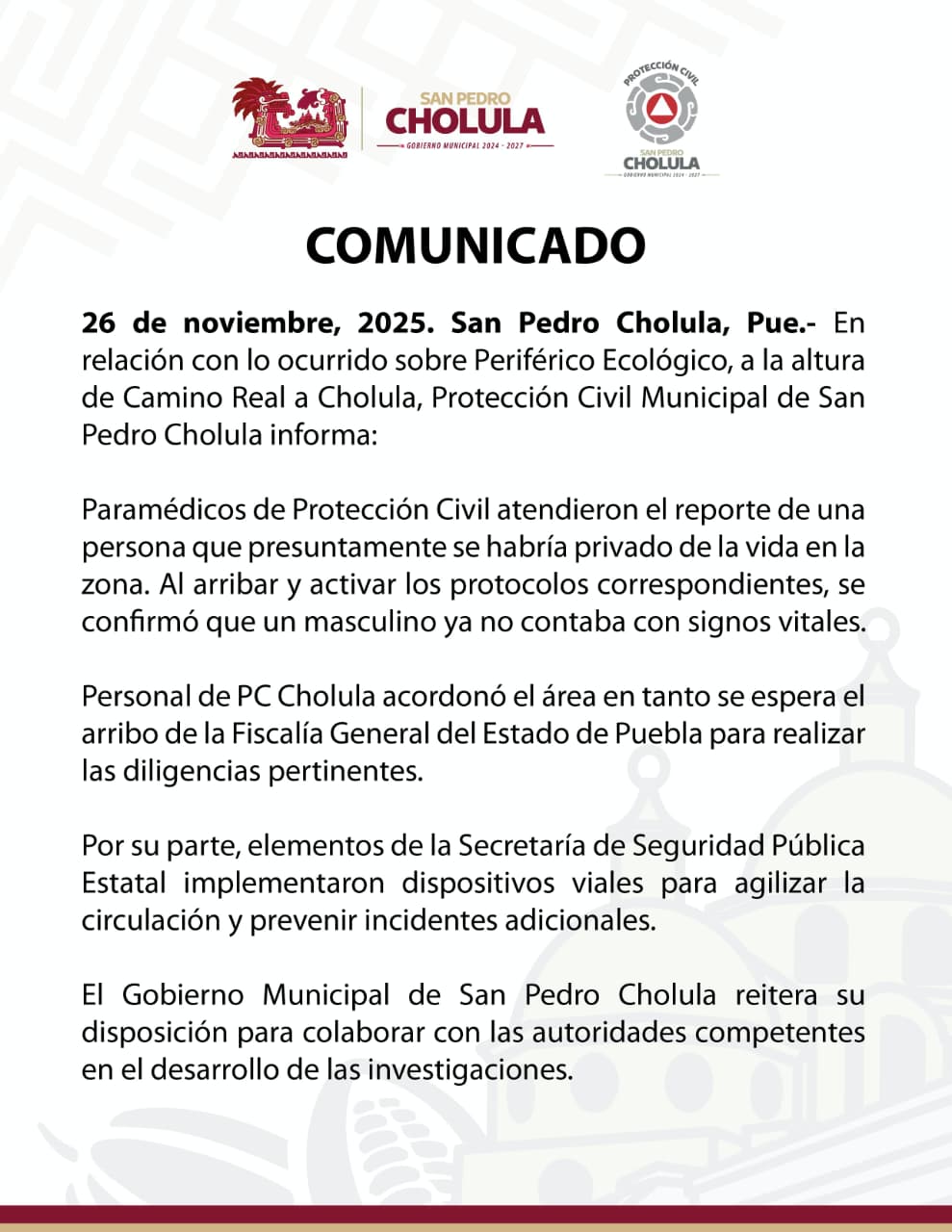 Protección Civil de San Pedro Cholula atiende hallazgo de persona sin vida en Periférico