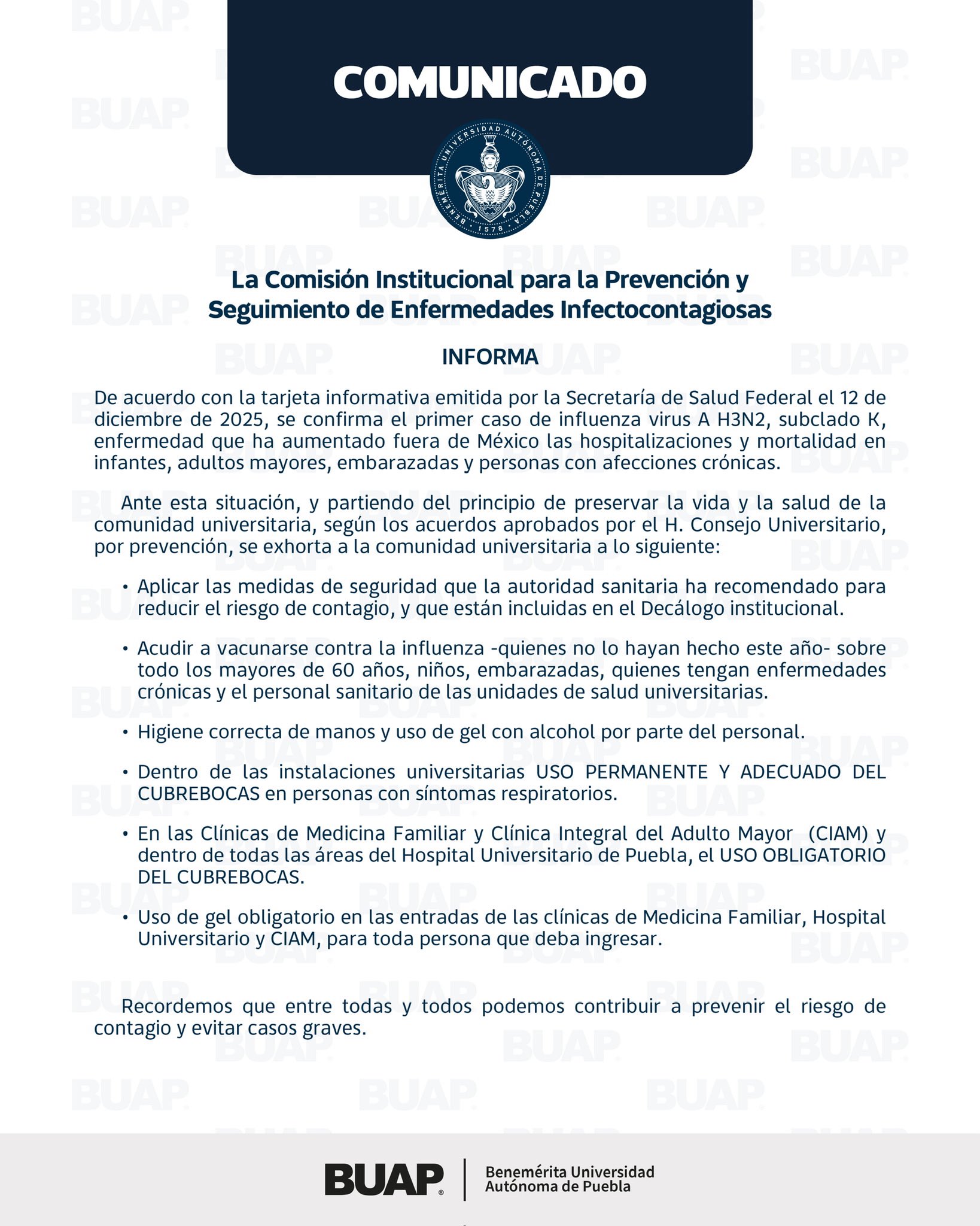 BUAP refuerza medidas sanitarias tras confirmarse primer caso de influenza A H3N2 en México