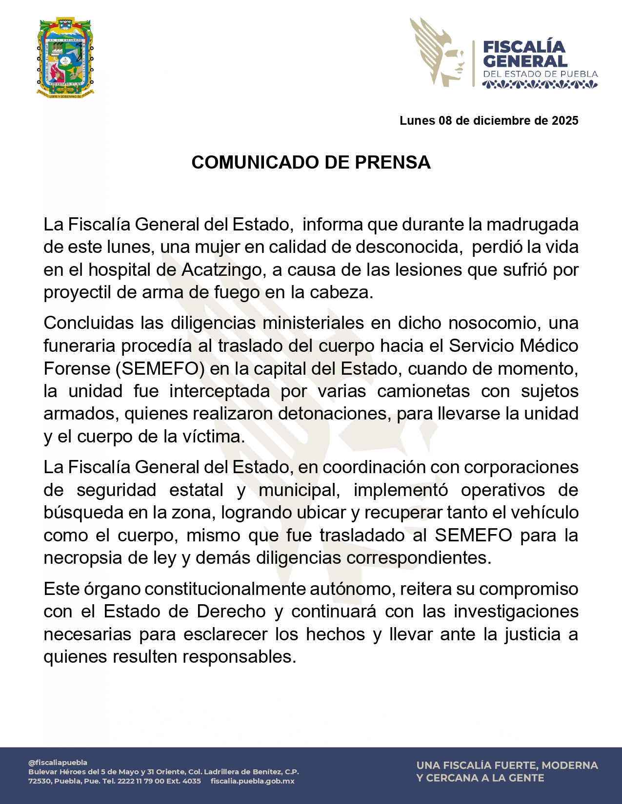 Comando intercepta carroza y roba el cuerpo de una mujer en Acatzingo; FGE recupera cadáver tras operativo