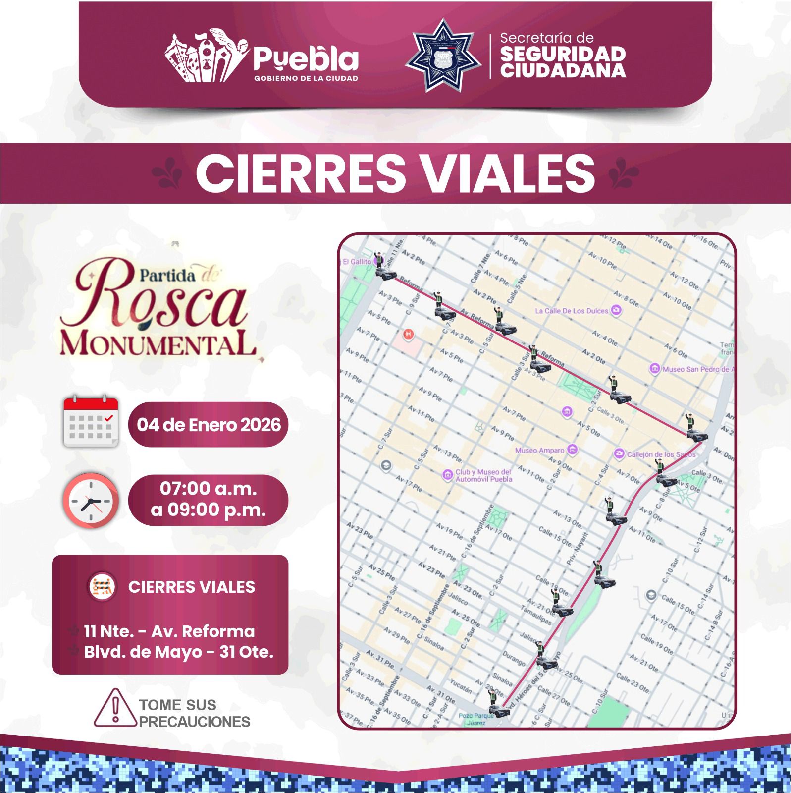 Habrá cierres viales en el Centro Histórico de Puebla por instalación de la Rosca de Reyes Monumental
