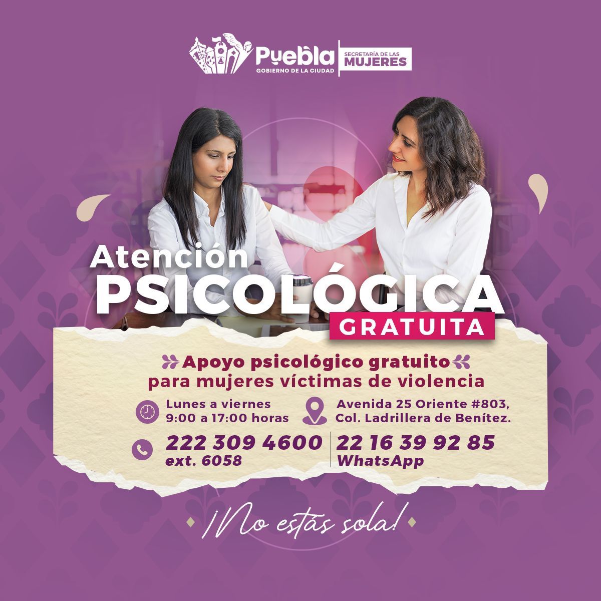 Ayuntamiento de Puebla refuerza atención jurídica y psicológica a mujeres víctimas de violencia