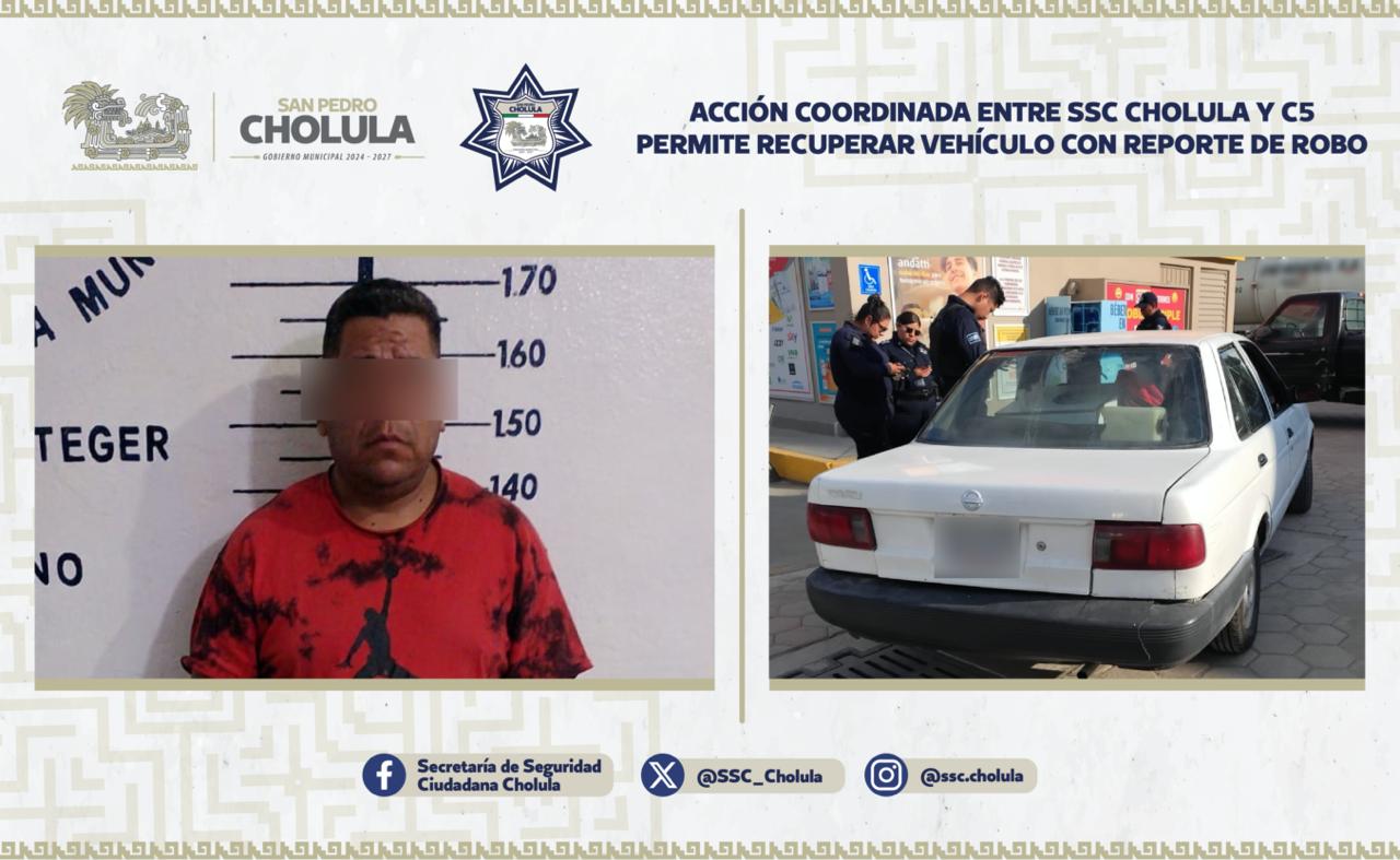 Recuperan en San Pedro Cholula vehículo robado y detienen a un hombre