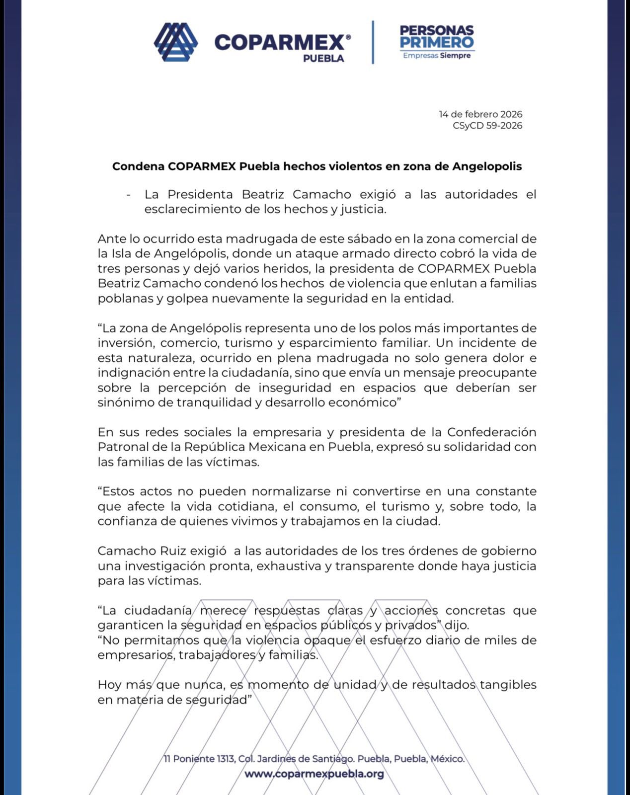 COPARMEX Puebla exige justicia tras ataque armado en Angelópolis y pide reforzar seguridad