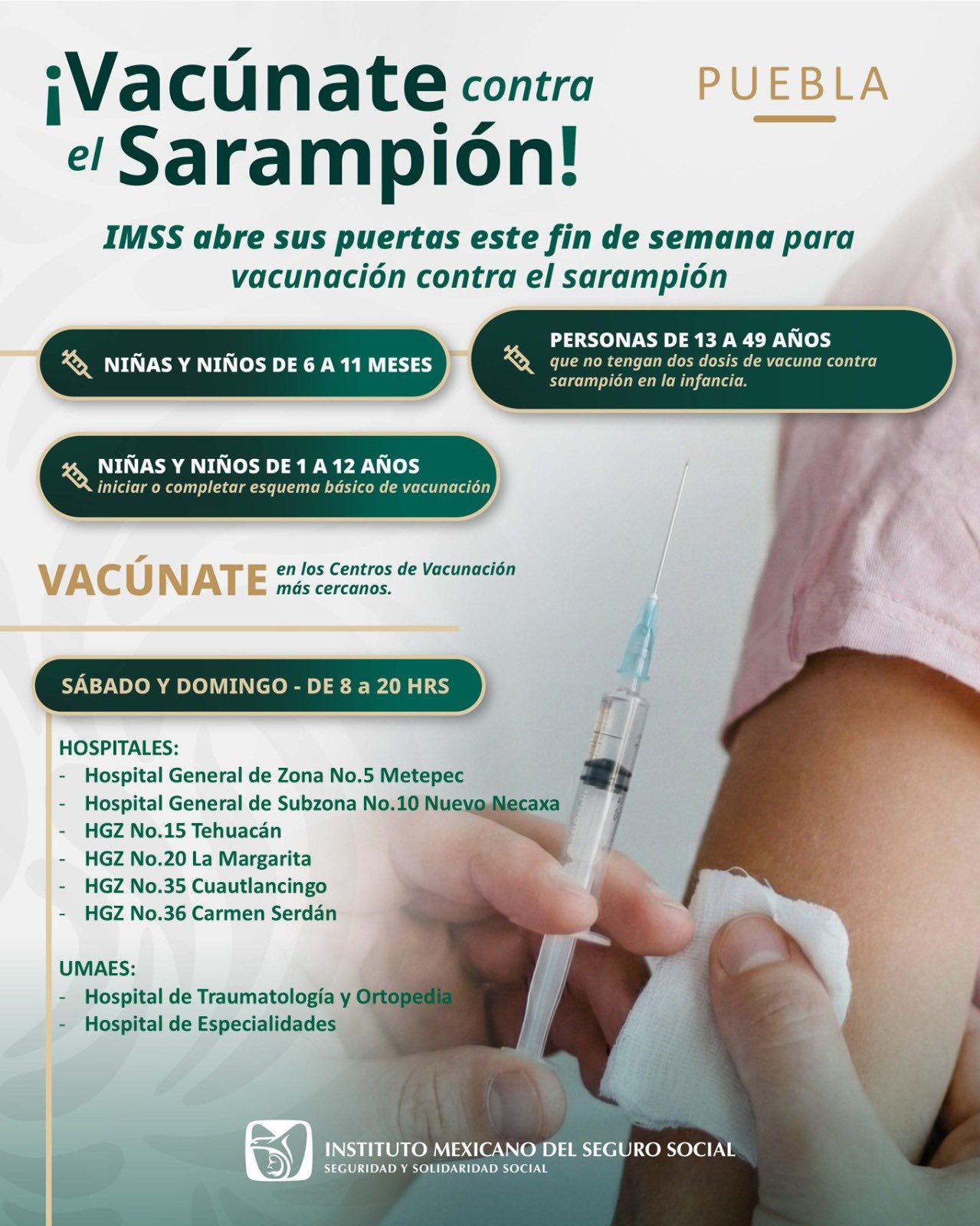 IMSS desplegará megajornada de vacunación contra el sarampión en Puebla este fin de semana