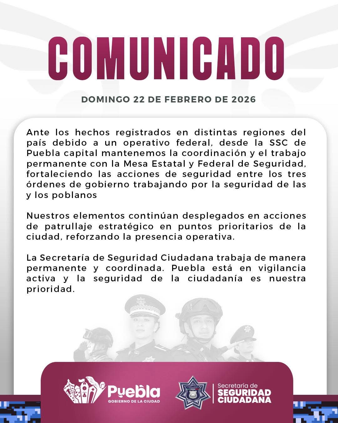 SSC Puebla refuerza vigilancia tras operativo federal en el país
