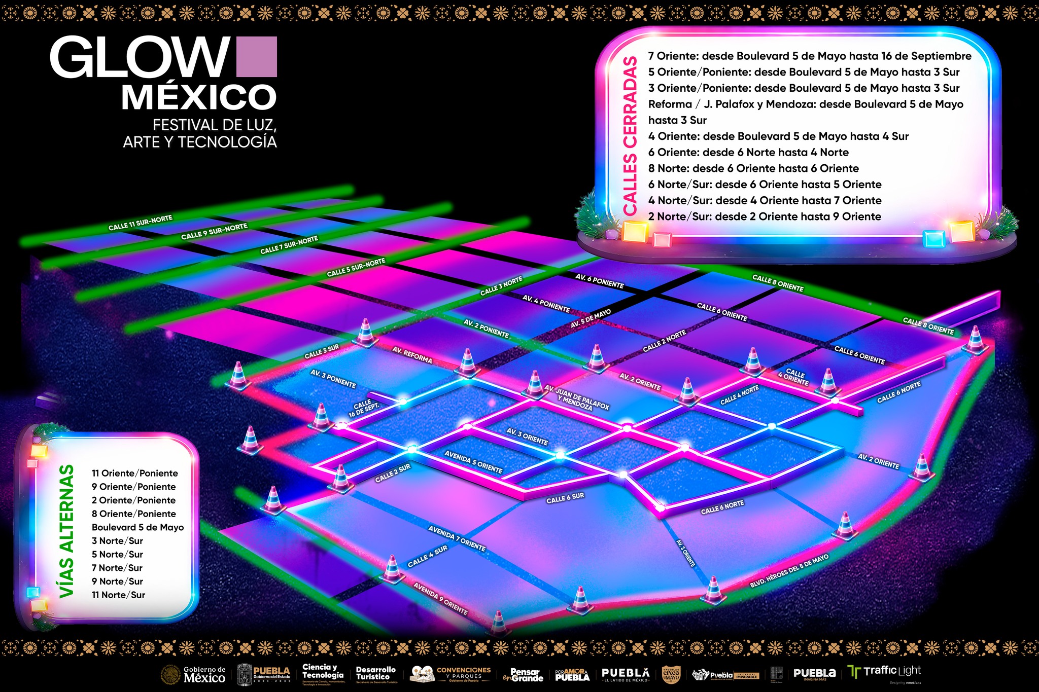Cierres viales en Centro de Puebla por Festival Glow del 11 al 19 de abril