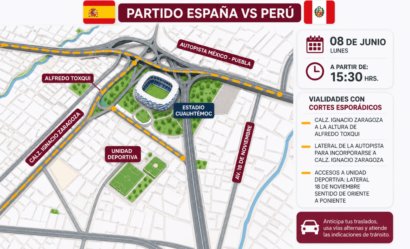 ¡Toma previsiones! Habrá cierres viales en el Cuauhtémoc por el choque Perú vs España